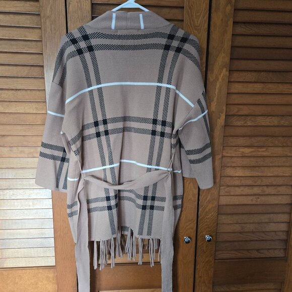 NWT Women's Adrienne Vittadini Beige Striped Fringed Open Cardigan 3/4 Sleeves M - Picture 4 of 7